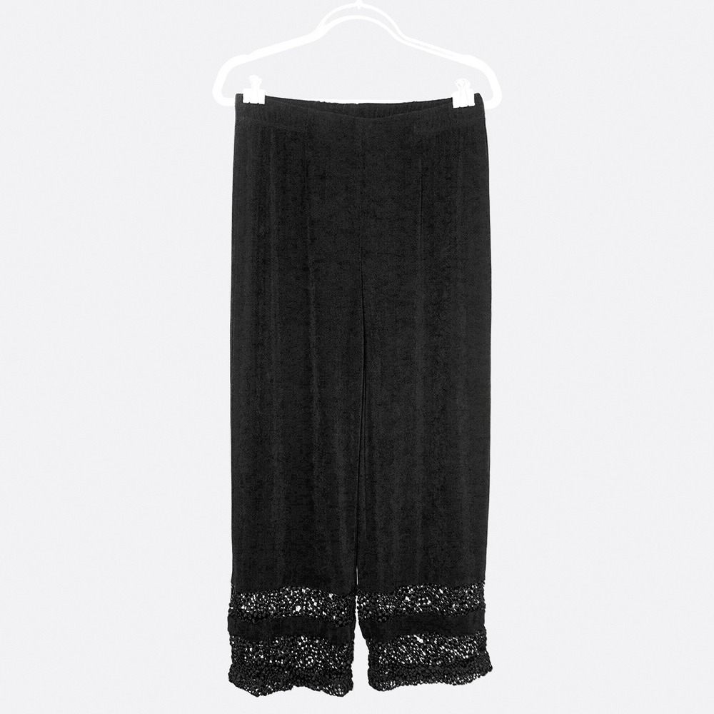 Chico's Black Slinky Knit Crochet Lace Hem Wide‎ Leg Pants Travel 0X Large Boho - Picture 2 of 6